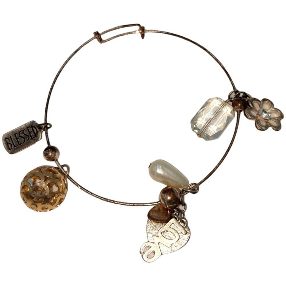 Gold&Silver Tone "Lost Without You" Charm Bangle Bracelet, 2" Across,Adjustable